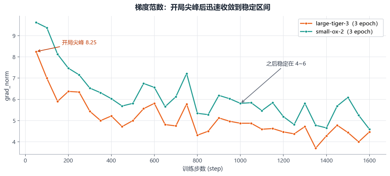 梯度范数:开局尖峰后迅速收敛